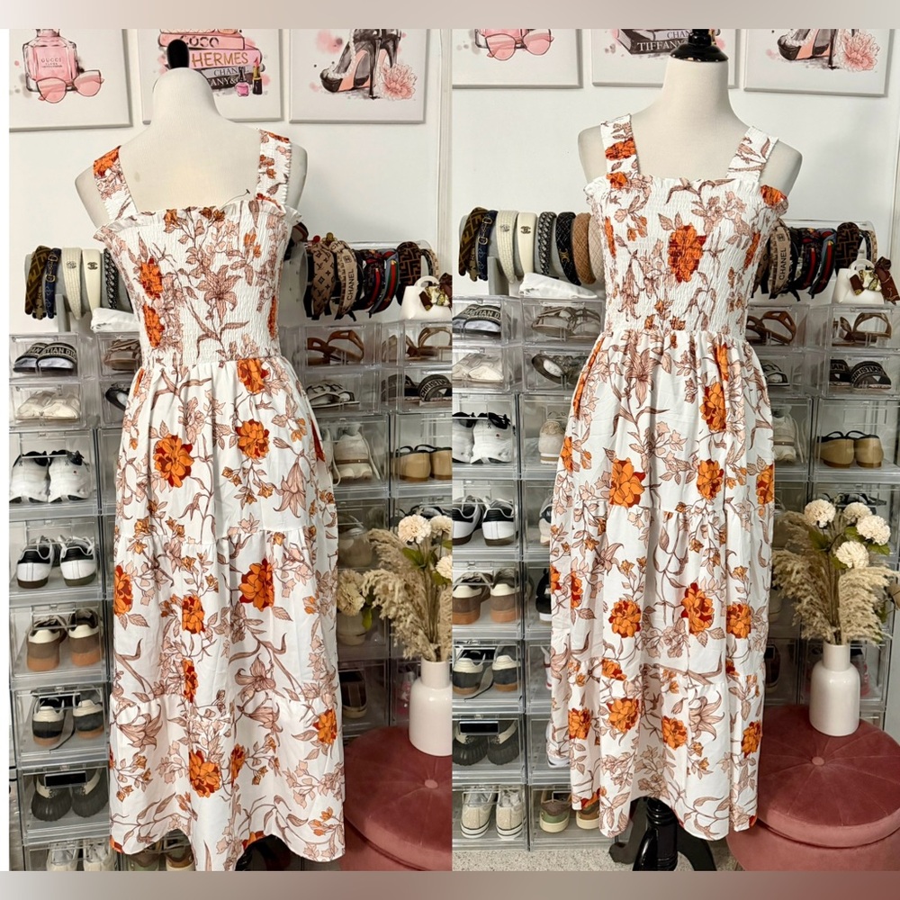 ❌SOLD❌   🌸Smocked Floral Midi Dress in White and Orange